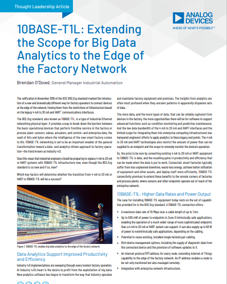 10BASE-T1L: Extending the Scope for Big Data Analytics to the Edge of the Factory Network